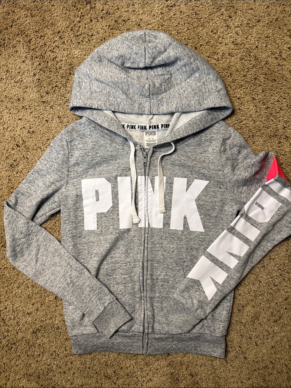 PINK Victoria's Secret Gray Zip Hoodie with White Logo and Pink Accent